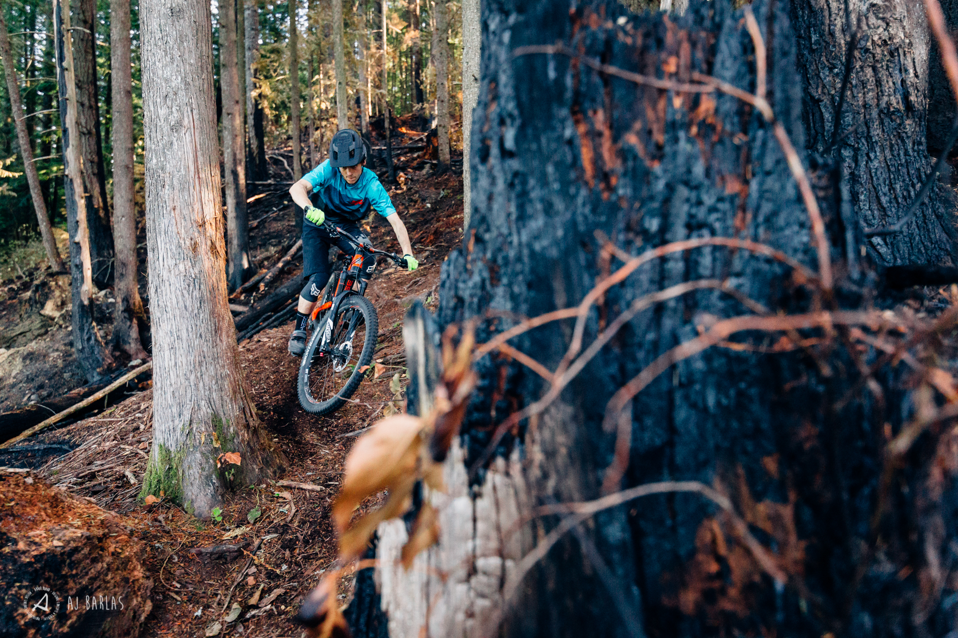 Jessie Mcauley riding his trail bike through burnt forrest