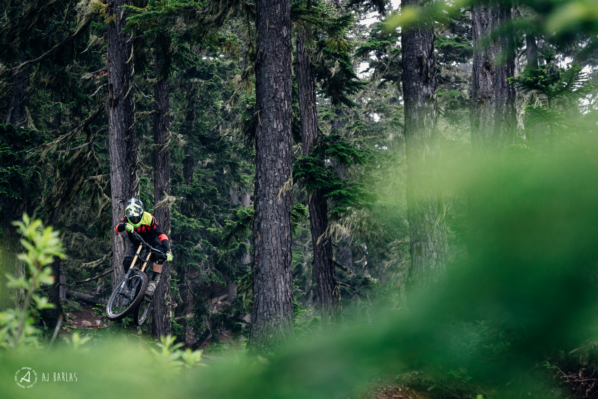 Jessie Mcauley flying through the old growth of the Whistler Bike Park