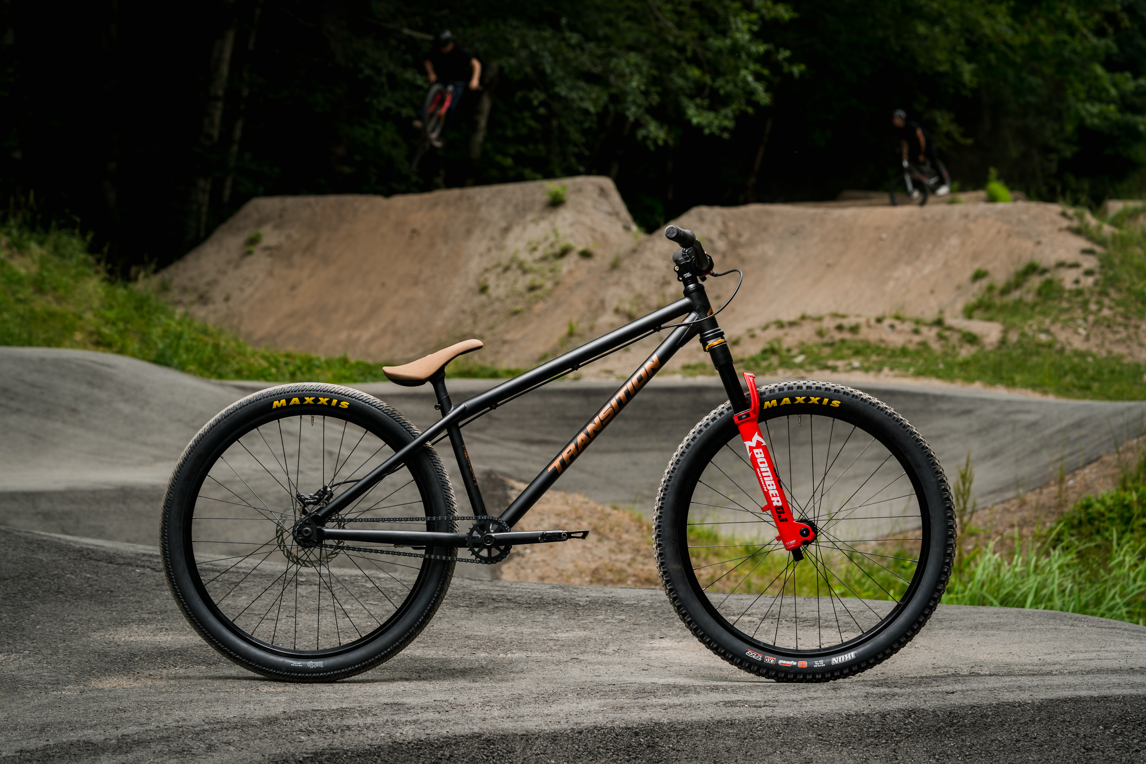 Transition PBJ bike in copper/black with red Marzocchi Bomber DJ shot by A.J. Barlas at the Squamish Casino pumptrack
