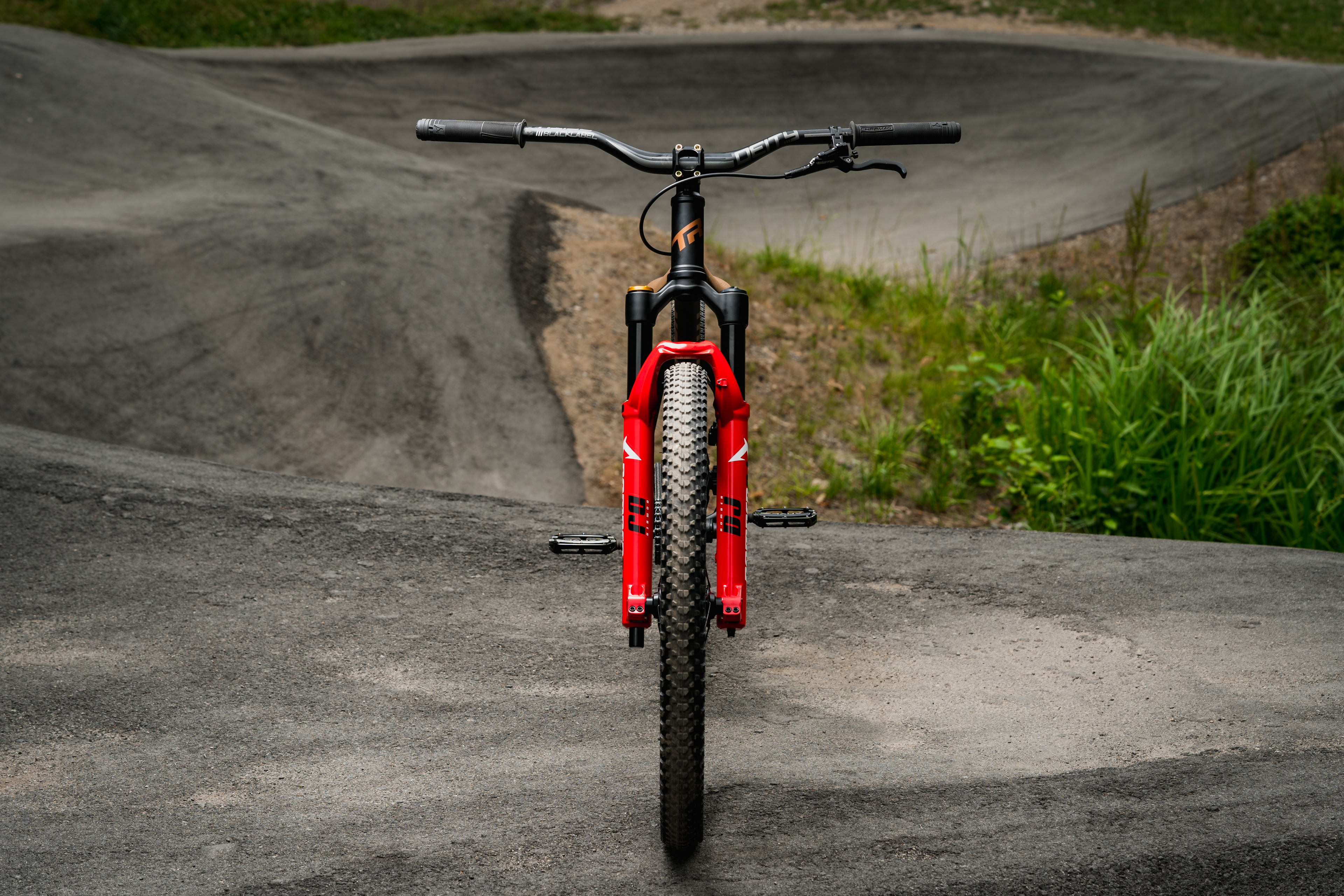 Front of the Marzocchi Bomber DJ fork on Transition PBJ bike shot by A.J. Barlas at the Squamish Casino pumptrack